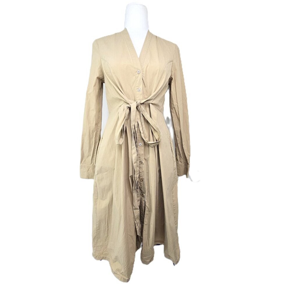 Twinset Milano Beige Pleated V Neck Tie Front Midi Dress